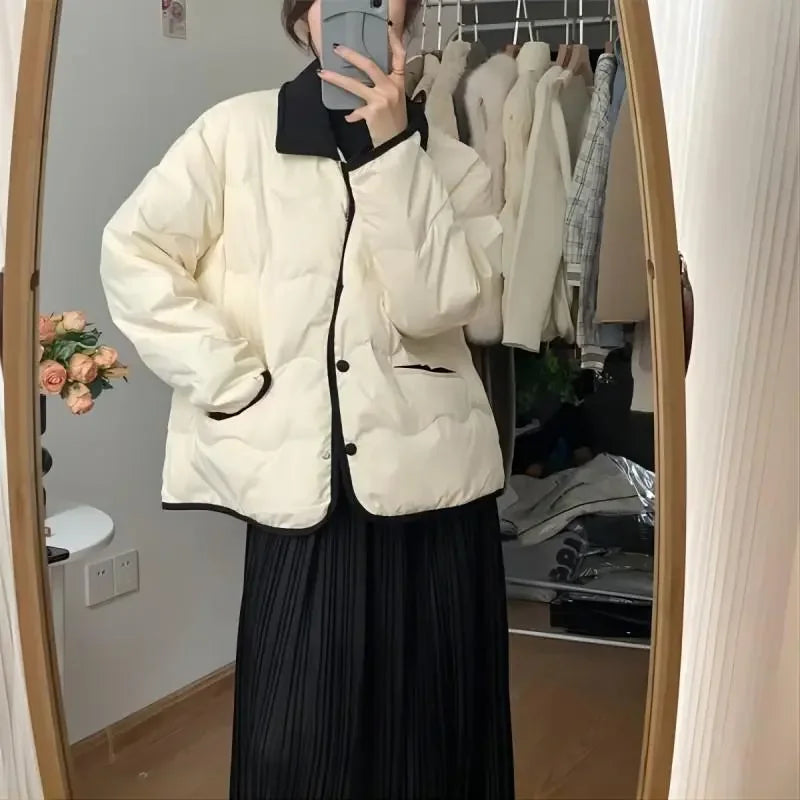 Women Casual Down Coats Korean Fashion Cotton Padded Jacket Female Autumn Winter Long Sleeve Single Breasted Warm Solid Coat