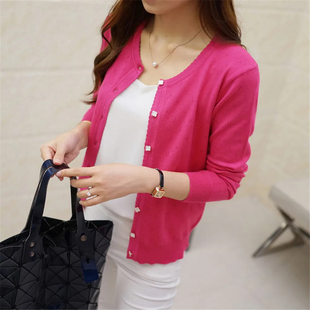 Fashion Korean Sweater Women Short Cardigan Coat Ladies Female Knit Sweater Long Sleeve Crochet Casual Cardigans Woman BasicTops