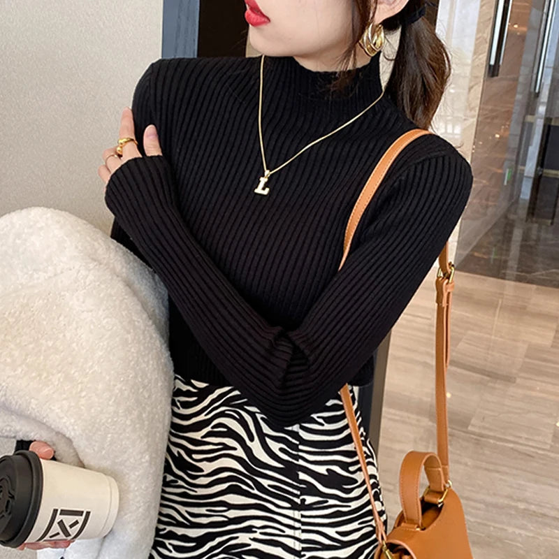Winter Long Sleeve Mock Neck Knitted Women Sweater Pullover Slim Knit Sweater Women Tops Blusas Mujer De Moda 2024 Blusa J995
