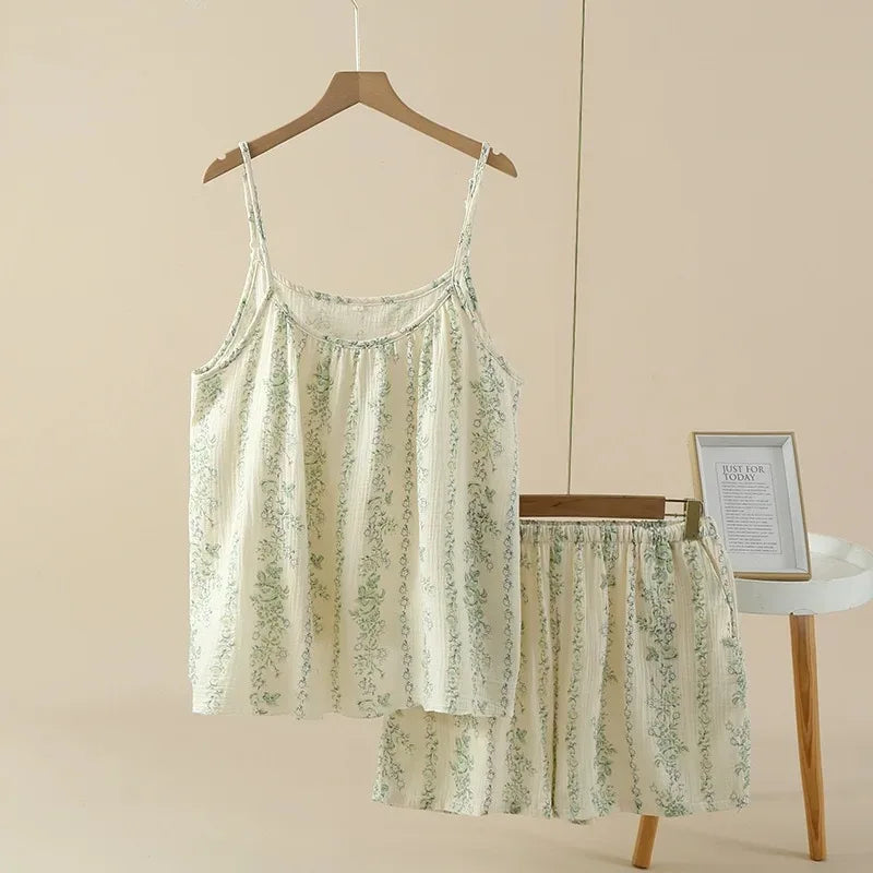 100% Cotton Women's Pajama Set Woman 2 Pieces Spaghetti Strap Sleepwear Women Floral Print Pajama  Strap