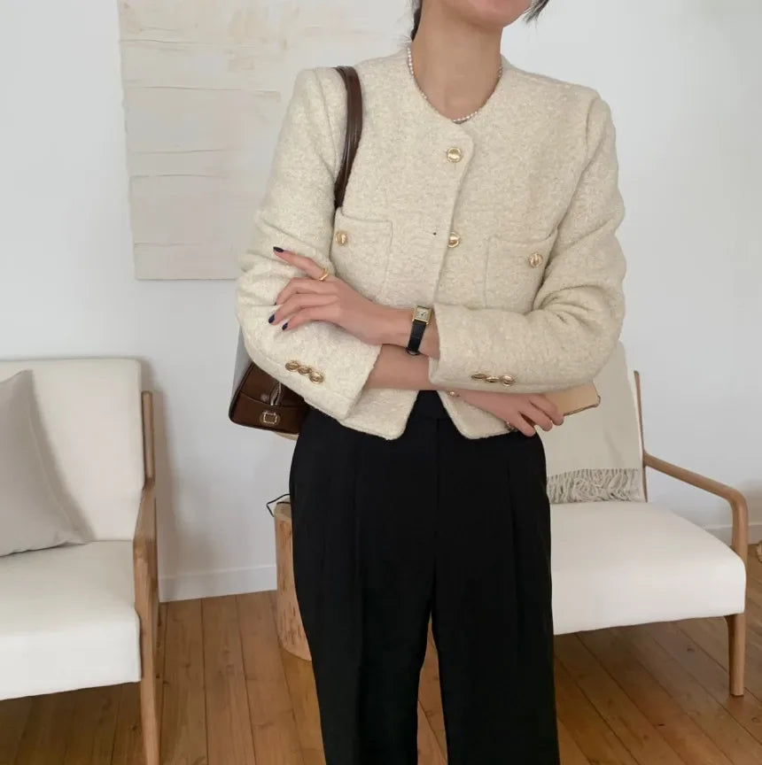 Women Autumn Winter 2025 French Vintage Coat Temperament High Quality Korean Casual Single Breasted Slim Tweed Jackets