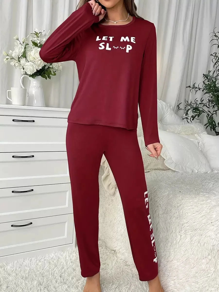 Women's Pyjama Set Fashionable Alphabet Print Round Neck Top and Long Trousers Set Simple and Casual Homewear