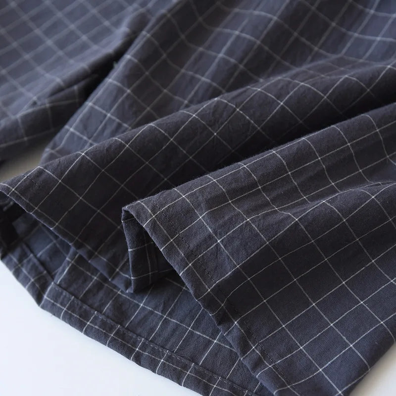 New2025 Men's Summer PajamasThin Short-sleeved Shorts Soft Cotton Simple Japanese Plaid Home Service Suit Pantalon Pijama Hombre