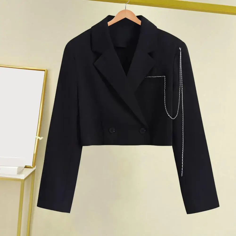 Women Lightweight Coat Elegant Double-breasted Women's Suit Coat with Chain Decor Notch Collar Formal Business Style for Ladies