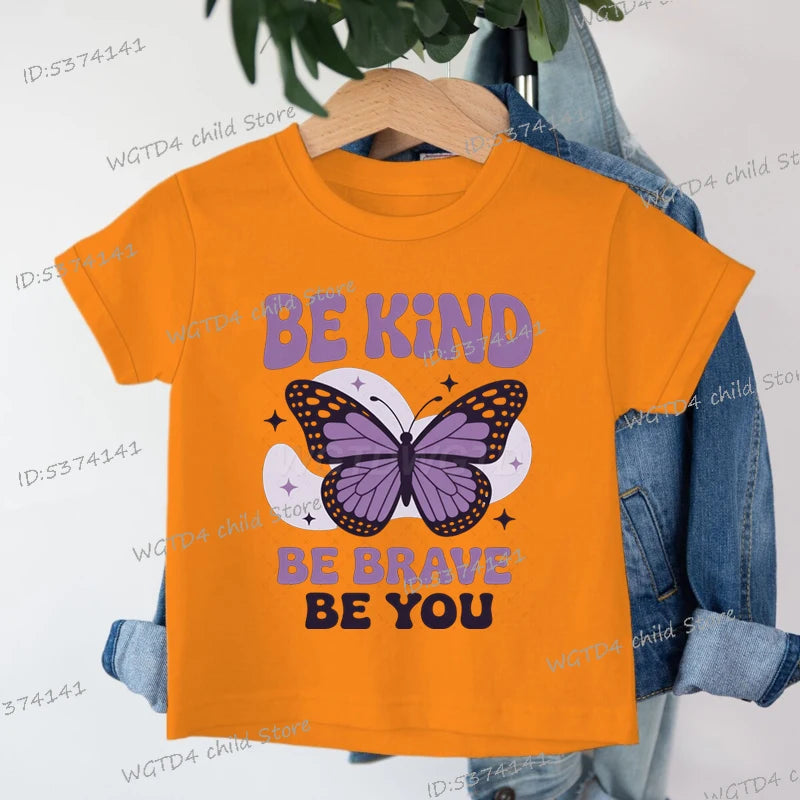 Children's Clothing Be Kind Be Brave Be You T-shirt Kids Retro Little Girl Quotes Graphic Tee Butterfly Lover Soft Cotton Tee