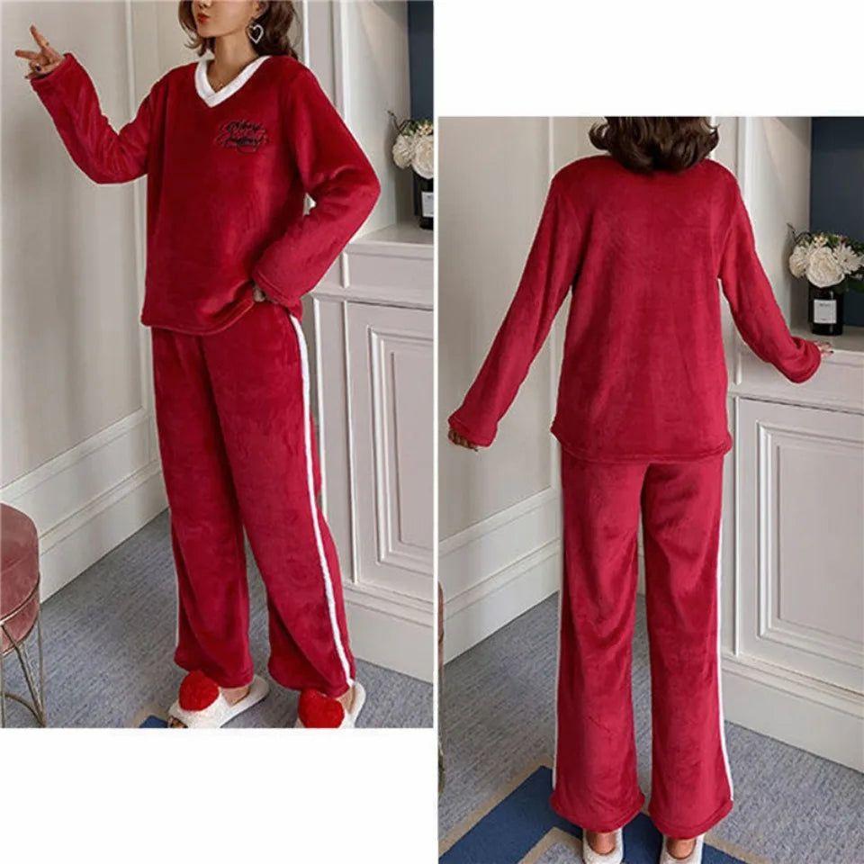 Autumn Winter Flannel Women's Pajamas Sets Polka Dots Printed Teddy Sleepwear Velvet Homewear Kawaii Girsl Pijamas Mujer Pyjama