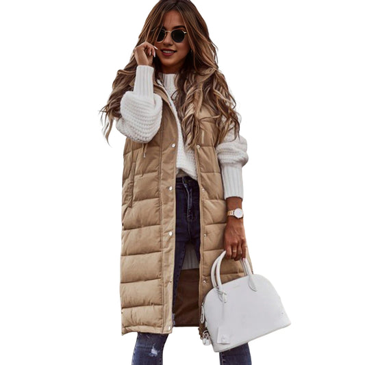 Women's Long Coat Vest With Hood Autumn Winter Sleeveless Warm Cotton Down Coat Waistcoat Quilted Vest Down Jacket Outwear 2XL