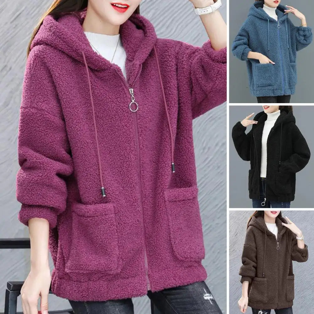 Women Coat Autumn Winter Hooded Drawstring Coat Long Sleeve Pockets Zipper Placket Thick Plush Cardigan Outwear Streetwear