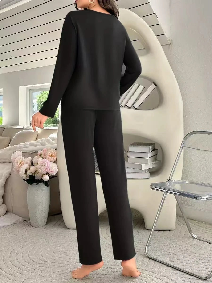Women's Pyjama Set Fashionable Alphabet Print Round Neck Top and Long Trousers Set Simple and Casual Homewear