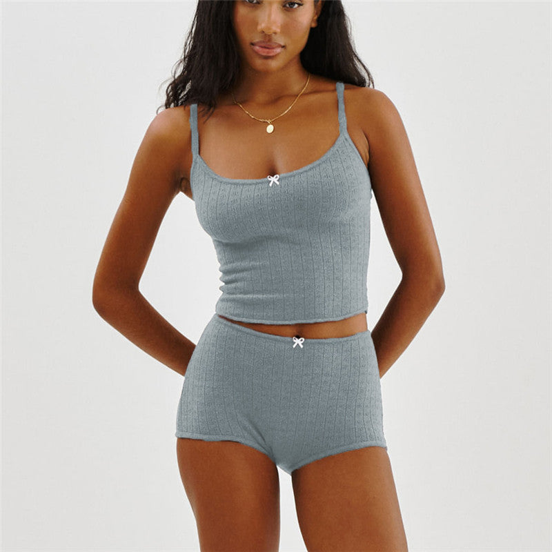 hirigin Women 2 Piece Cotton Lounge Set Long Sleeve/Spaghetti Strap Ribbed Knit Crop Top Bodycon Shorts Solid Pajama Sleepwear