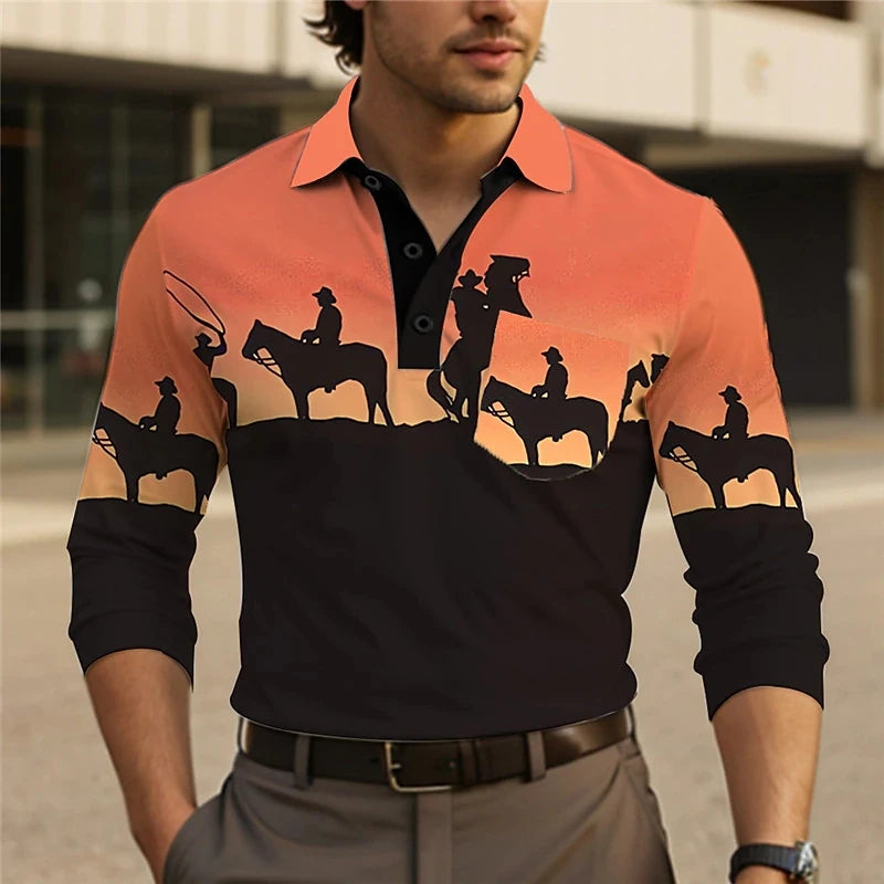 Men's Cowboy Graphic Polo Shirts Casual Long Sleeve Turndown Vintage Outdoor Casual Polo Shirts Streetwear 3D Mens Tshirt Tops
