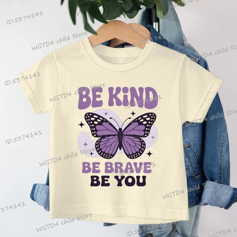 Children's Clothing Be Kind Be Brave Be You T-shirt Kids Retro Little Girl Quotes Graphic Tee Butterfly Lover Soft Cotton Tee