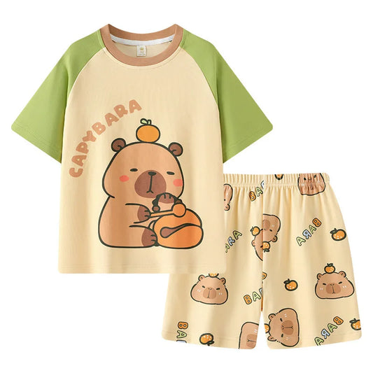 Capybara Pajama Sets 2025 Summer Teen Girls Cartoon Short Sleeved Tops Shorts 2pcs Kids Sleepwear Children Nightgown Loungewear