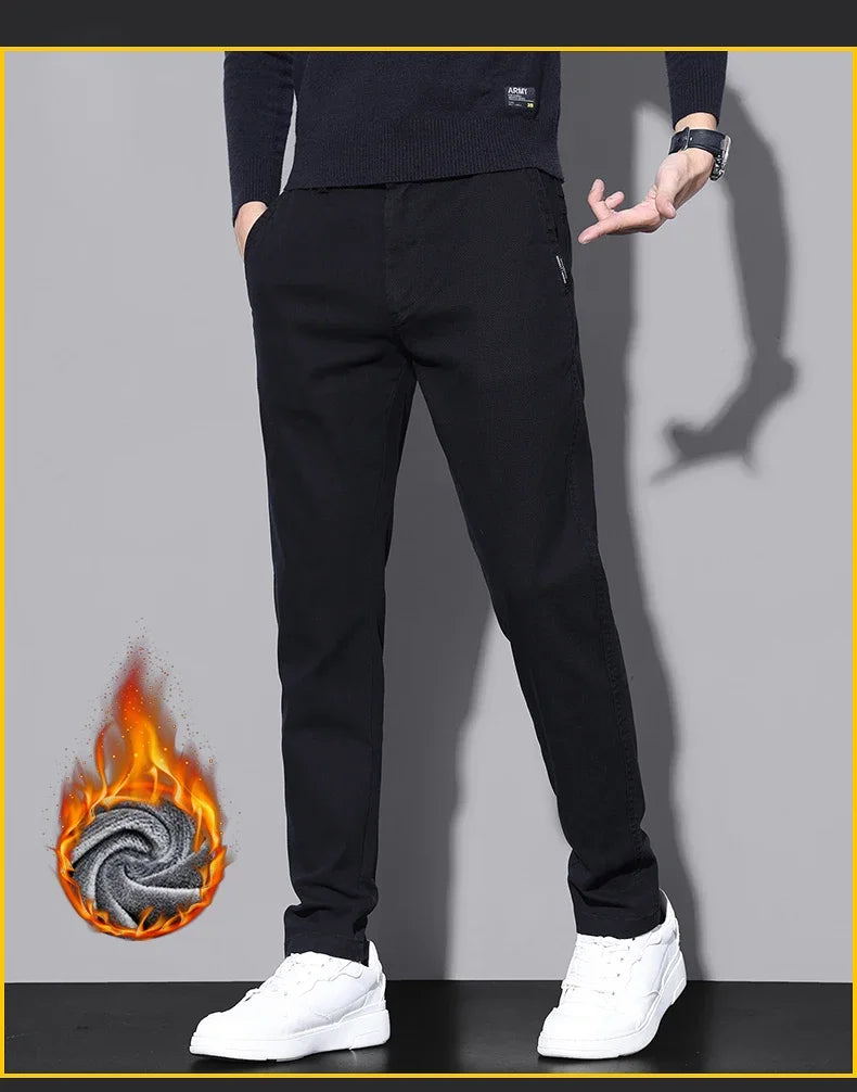 Brand Fleece Pants Forr Men Winter New Warm Cotton Elastic Waist Korean Fashion Twill Straight Plush Trousers Male