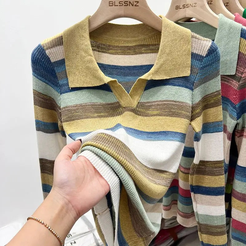 Polo Neck Shirts For Women Long Sleeve Tops Striped Clothing Knit Youth Offer Chic Elegant Summer 2024 T-shirt Woman Cotton New