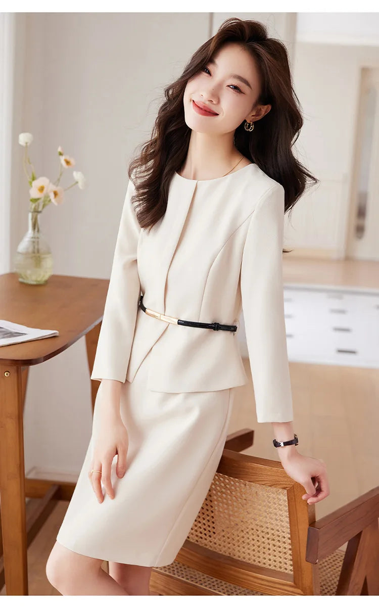 Women's Professional Dresses Suits, Women's Slim Temperament, Hip Dress Skirts, Hosts, Hotel Office Lady Overalls with Belt