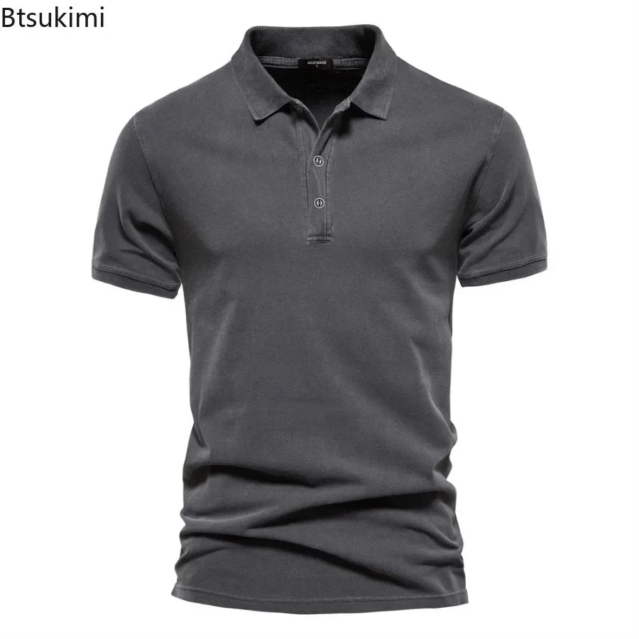 2025 Men's Summer Short Sleeve Lapel Polo Shirts 100% Cotton Solid Slim T-shirts Fashion Casual Business Golf Sport Tops for Men
