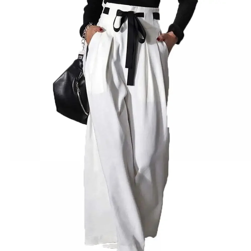 Women's White Pants  New Fashion Solid Color Pockets Pleated Drawstring High Waisted Wide Leg Loose Casual Trousers