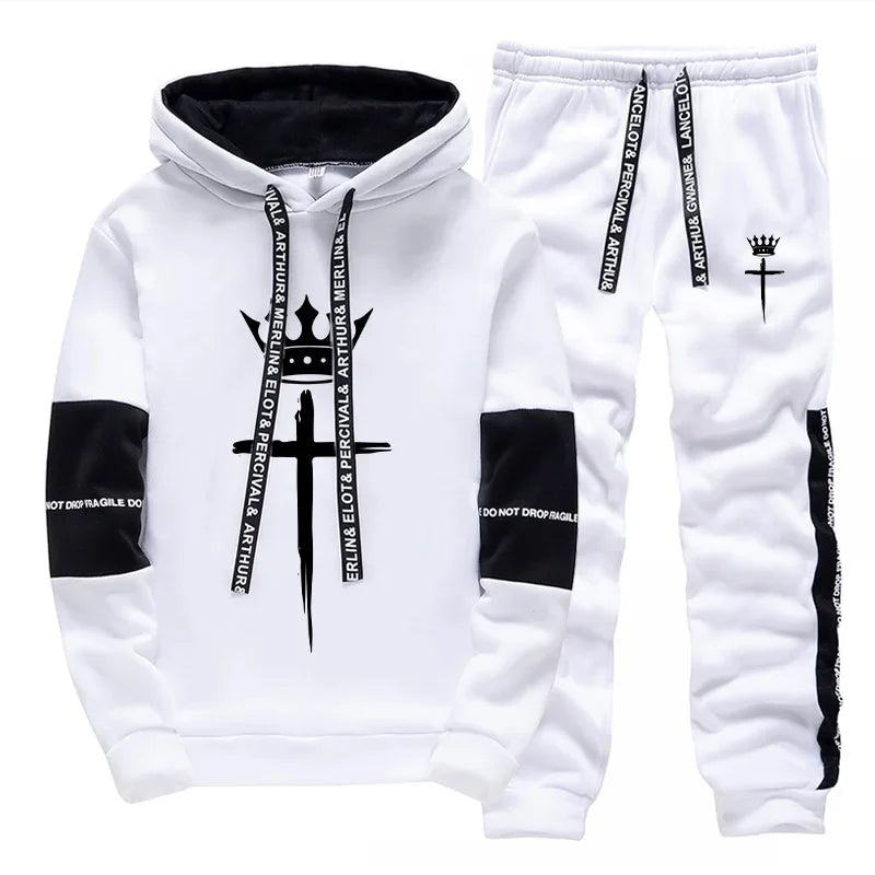 Cross Crown Print Sweatshirts Sweatpants High Quality Street Fashion Tracksuit 2025 Fall/winter Men's Sportswear 2pcs Set