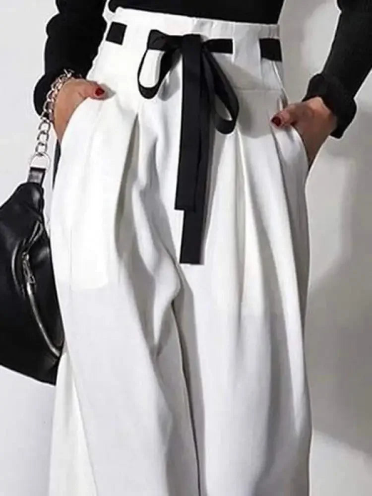 Women's White Pants  New Fashion Solid Color Pockets Pleated Drawstring High Waisted Wide Leg Loose Casual Trousers
