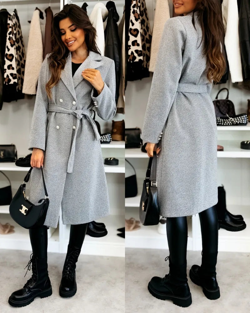 Women's Woolen Coat Autumn Winter Vintage Elegant Double Breasted Trench Coat Women Brown Long Sleeved Midi Windbreaker Jacket