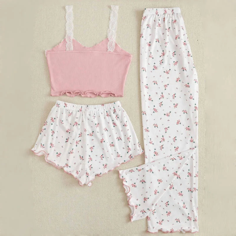 Pajama Sets Women Three Pieces Set Tank Tops Print Shorts Long Pant Suits Casual Sleep Lounge Sweet Lady Sleepwear Summer