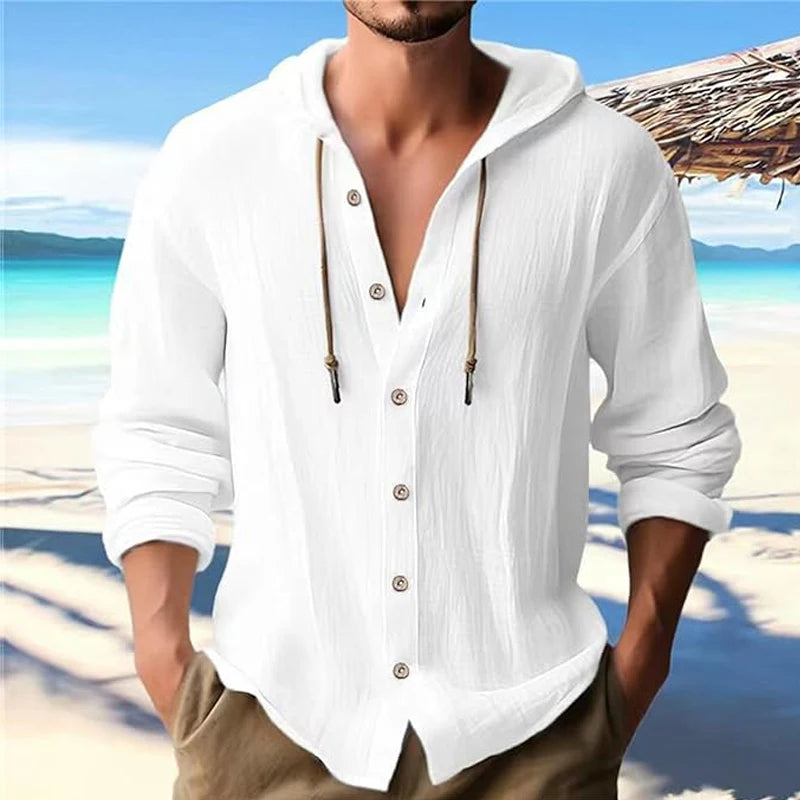 Summer Men's Cotton Linen Shirt Solid Streetwear Long Sleeve Hoodie Clothing For Men Button Tops Casual Loose Men Hooded Shirt