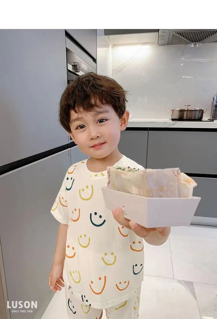 Summer Home Clothes Air-conditioned Clothes Boys and Girls Ice Silk Fabric Loose Short Sleeved Shorts Two-piece Set of Pajamas