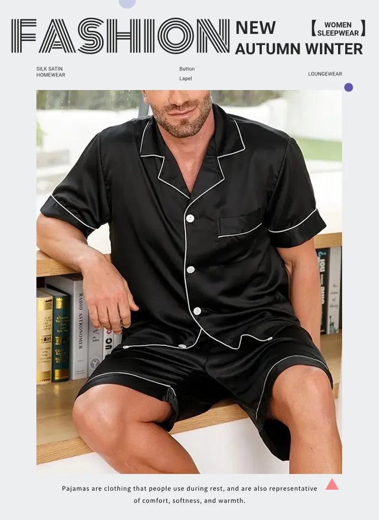 Men's Pajamas Set For Summer Short Sleeve Pocket Button Down Shirt & Shorts Pyjama Loungewear Set Sleepwear Pijama Home Clothing