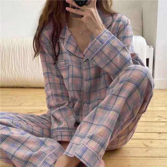 Pajamas Female Autumn and Winter Long-Sleeved Sweet Homewear Two-Piece Tide Cardigan Lapel Plaid Homewear 1
