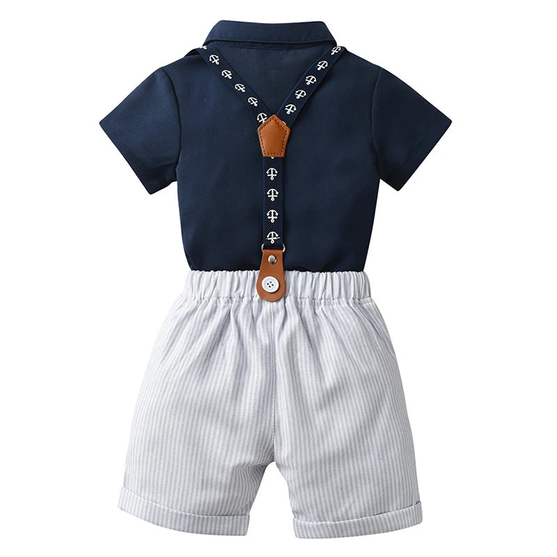 Infant Boy Clothes Set Short Sleeve Shirts With Bow+Striped Overalls Gentleman Party Birthday Suits For Toddler Boys