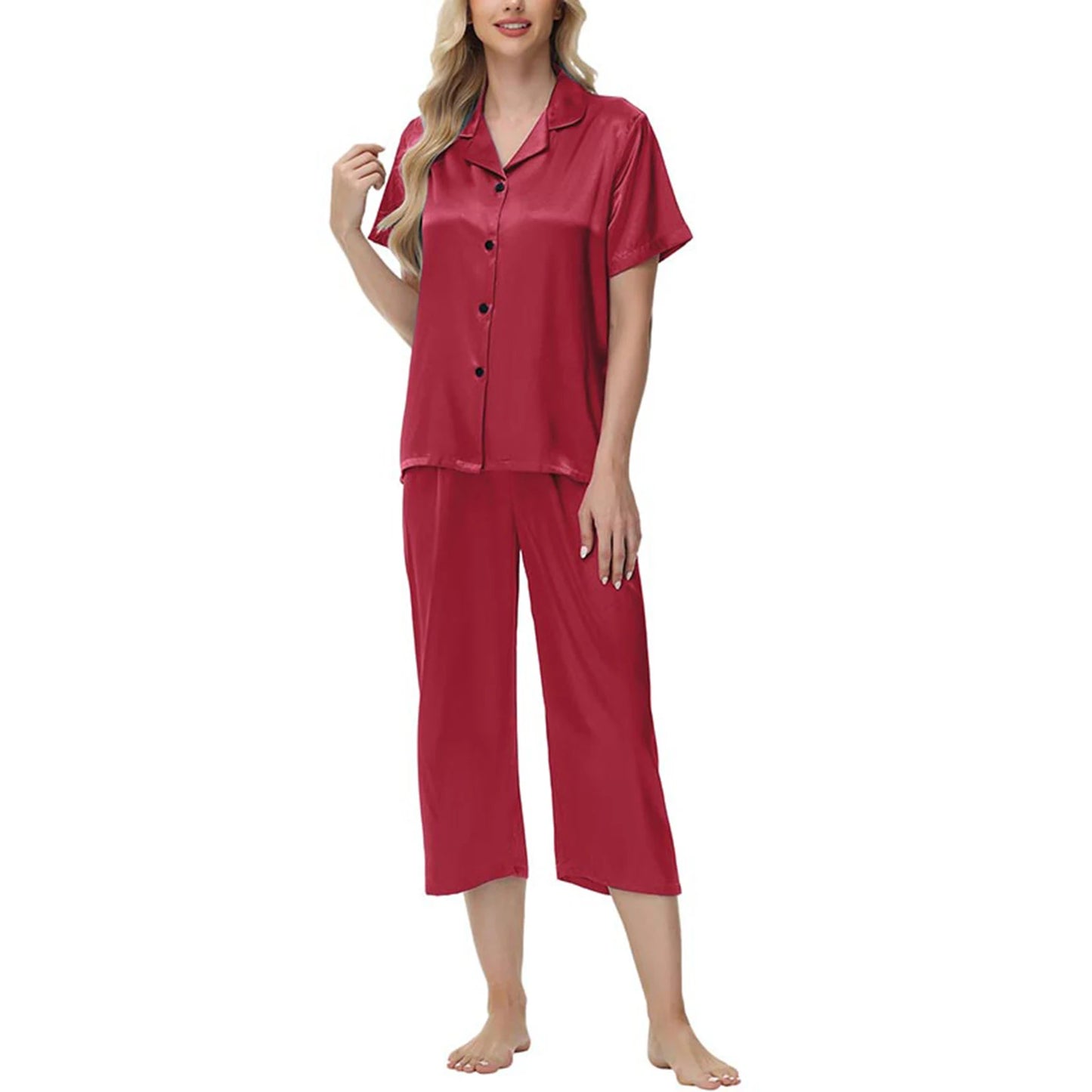Women'S Pajama Set Burgundy Silky Fabric Short Sleeve Fashion Pants Home Clothes Bedroom Leisure Scene Stay At Home