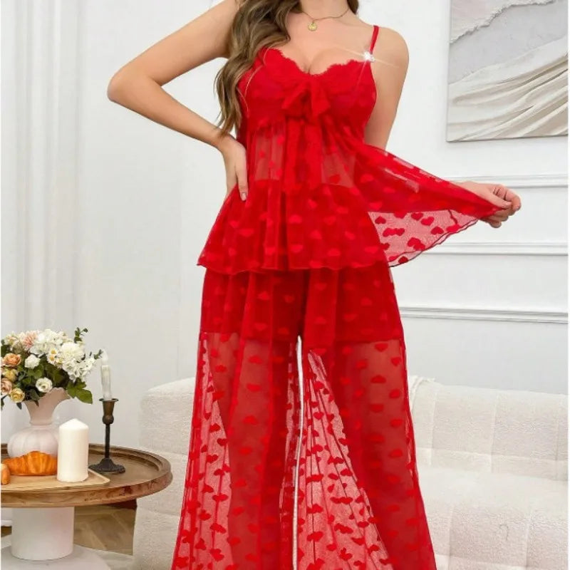 Sexy Ladies Pajama Set 2-piece   Lace Heart Transparent Strappy Bra and Long Pants   Petal Lace Lingerie Set   Sexy Sleepwear