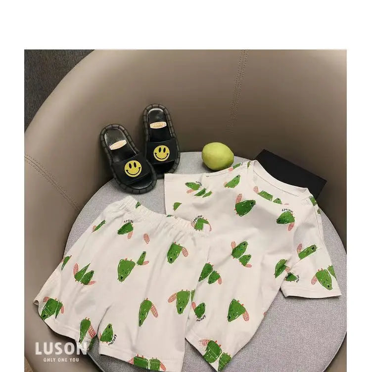 Summer Home Clothes Air-conditioned Clothes Boys and Girls Ice Silk Fabric Loose Short Sleeved Shorts Two-piece Set of Pajamas