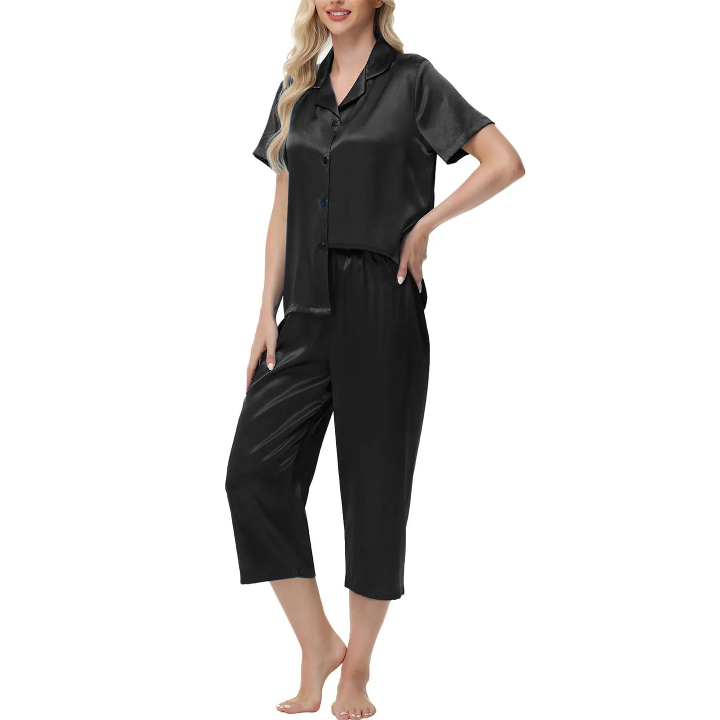 Women'S Pajama Set Burgundy Silky Fabric Short Sleeve Fashion Pants Home Clothes Bedroom Leisure Scene Stay At Home