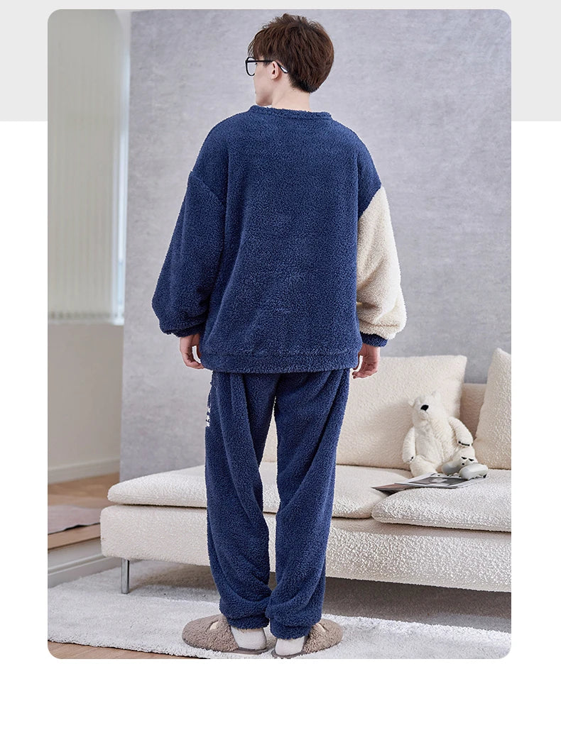 Winter Korean Men Pajamas Sets Adult Sleepwear Home Clothes Thicken Soft Pijama Suit Loungewear Loose Bear Male Pyjama Clothing