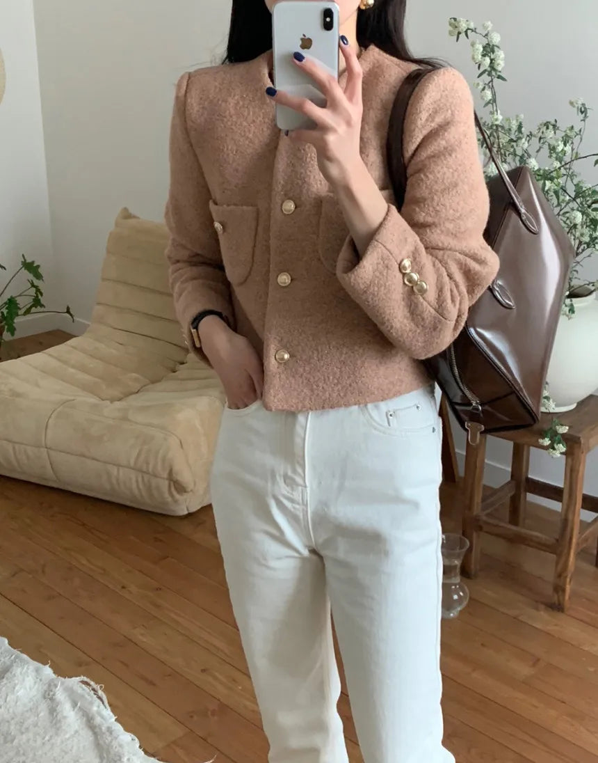 Women Autumn Winter 2025 French Vintage Coat Temperament High Quality Korean Casual Single Breasted Slim Tweed Jackets