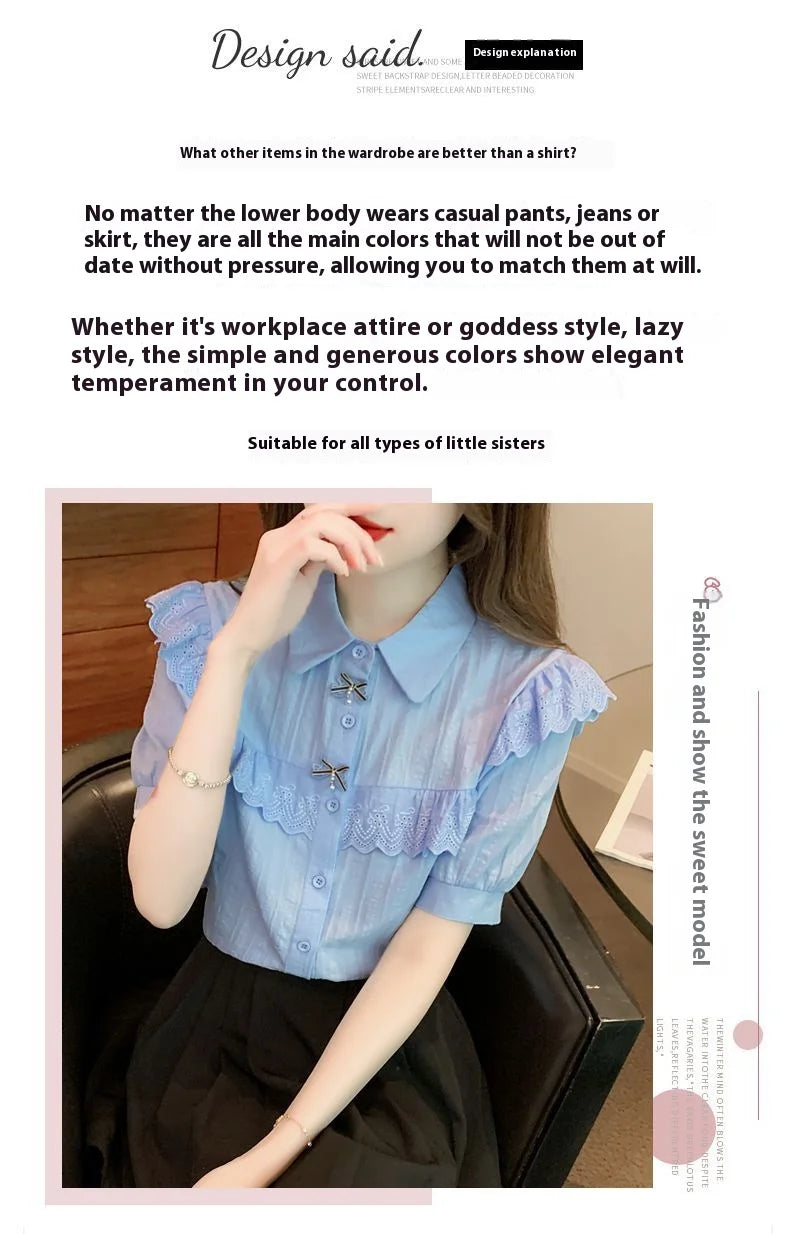 Summer Dress Women's Shirt T-Shirt New Women's Shirt Cotton Shirt Women's Foreign Design Sense Niche Short Sleeve Lace Top