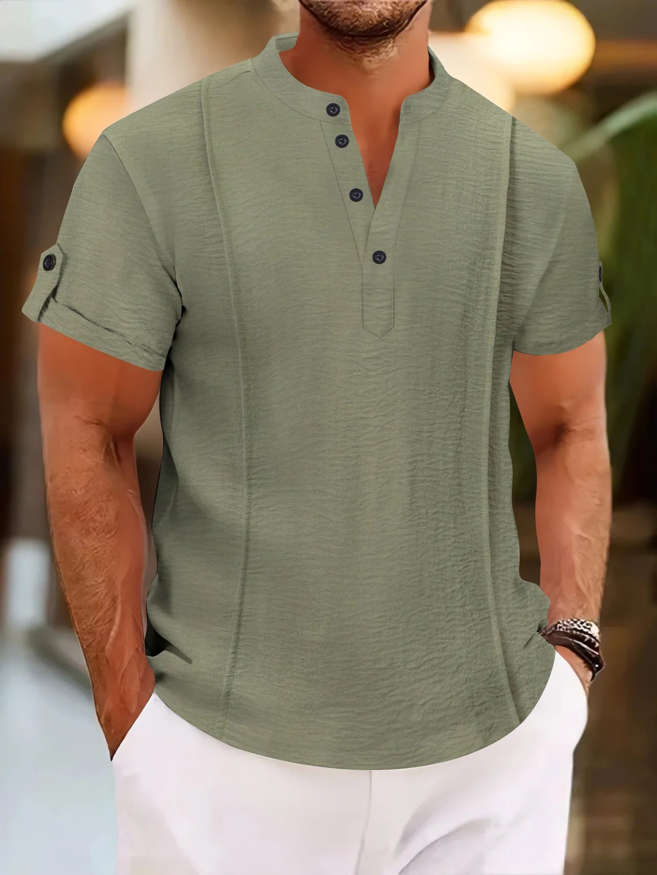 Men's summer new style standing collar short-sleeved POLO Shirts double button front casual outdoor beach wind solid color Tops