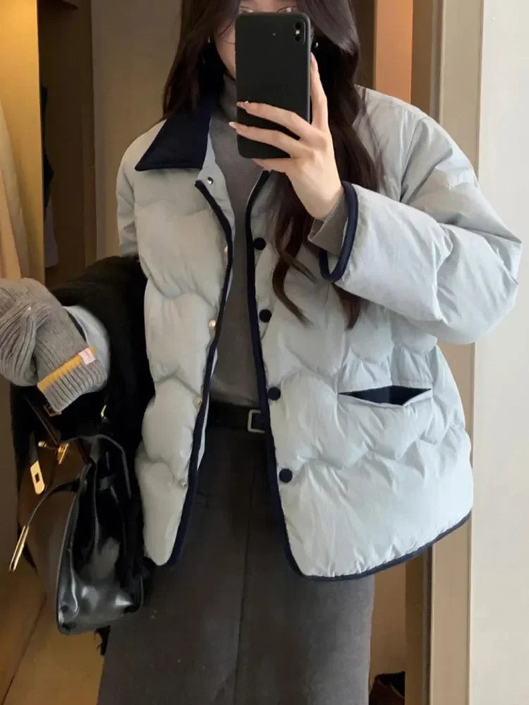 Women Casual Down Coats Korean Fashion Cotton Padded Jacket Female Autumn Winter Long Sleeve Single Breasted Warm Solid Coat