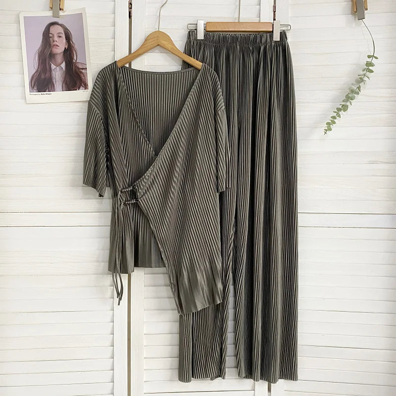 Pants Sets Fashion Elegant Pleated V-Neck Buckle Irregular Hem Tops High Waist Slim Wide Leg Pants Summer Two-Piece for Women