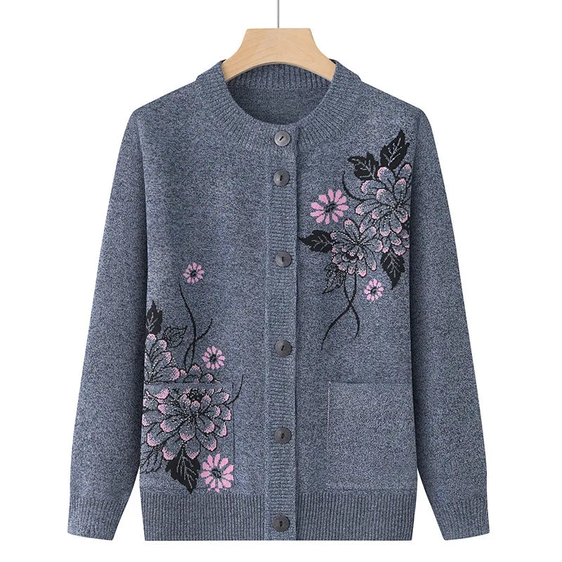Korean Women's Clothes New Knit Woolen Printed Cardigan Coat Middle Aged Mother Knitwear Tops Vintage Grandma Sweater Jacket