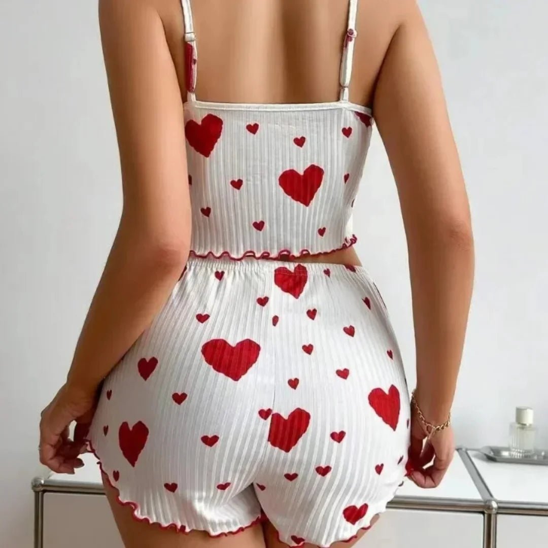 Summer New Women's Pajama Set Breathable Soft Casual Love Printed Design Sweet Home Strap Shorts Pajamas