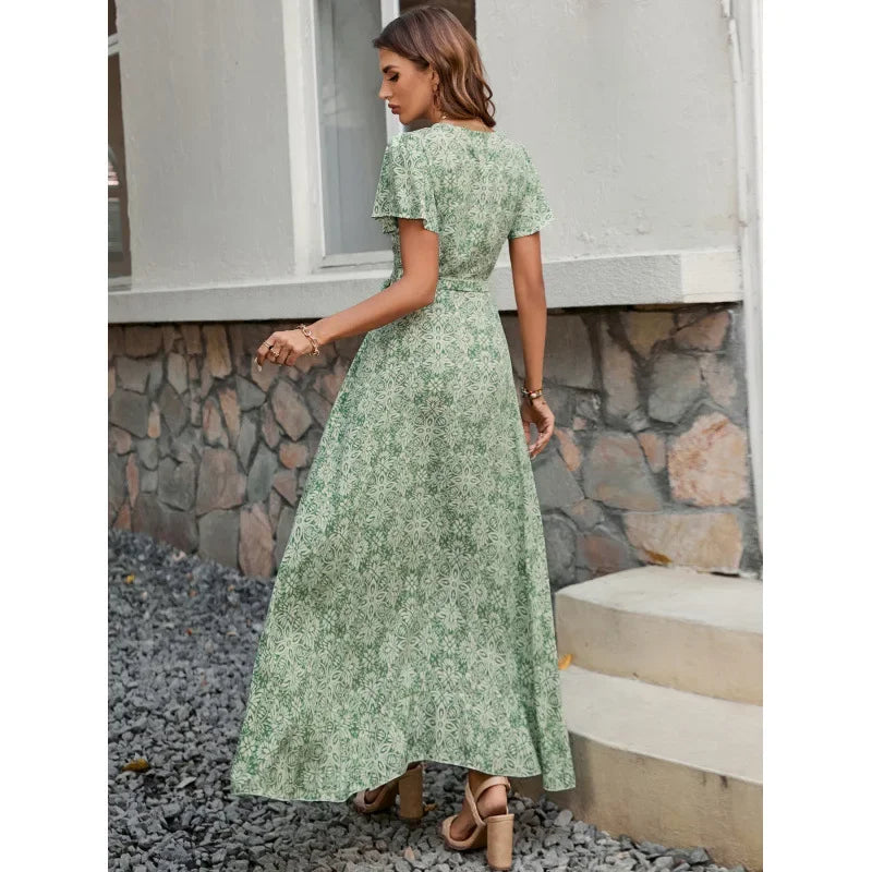 New Summer Women's V-neck Print Short-sleeve One-piece Belted Dress Beach Vacation Style Midi Skirt Regular Waistline
