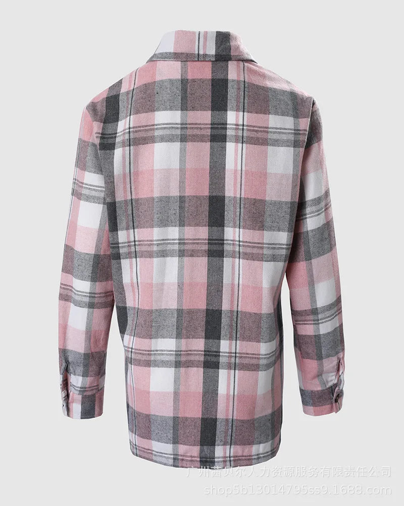 Women Coat Spring New Loose Plaid Pocket Splicing Shirt Coat Women Long Sleeve Single-Breasted Cardigan Turn-down Collar Coat