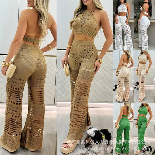 Pant Set Women Two Piece Sets Backless Matching Sets Short Tops Beach Knitted Hollow Out Wide Leg Long Pants High Waist Summer