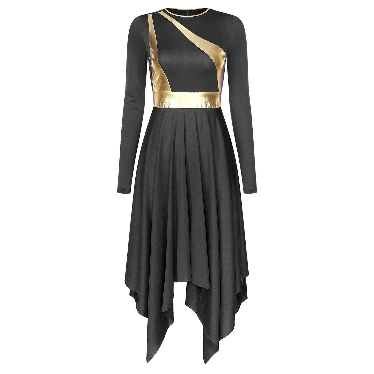 Women Church Choir Worship Liturgical Dress Modern Lyrical Dance Waltz Stage Performance Costume Long Sleeve Metallic Shiny Gown