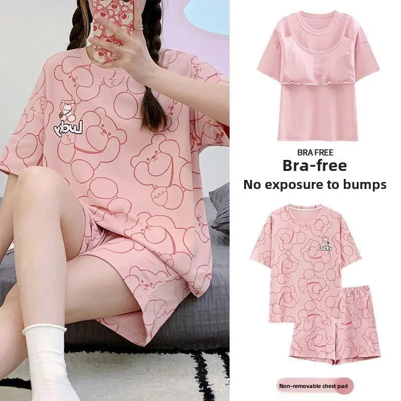 Pijama Set Women Short Sleeve Pullover Sweet with Chest Pads Cartoon Student Casual Home Plus Size Ladies Romantic Sleepwear