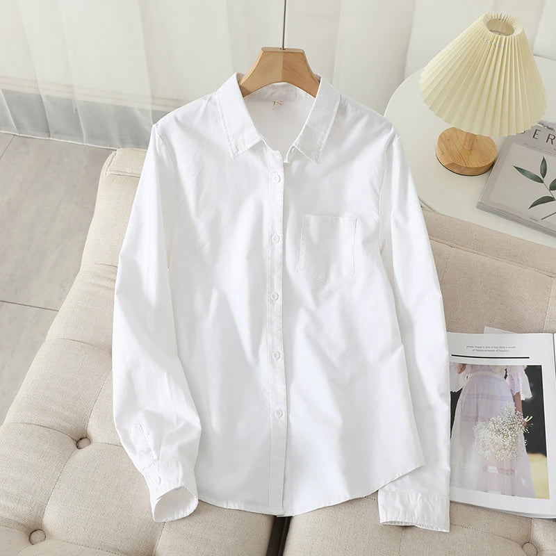 Casual Cotton Women's Oxford Shirt 2024 Autumn New Good Quality Woman Blouse and Tops Lady White Blue Striped Shirts Clothes