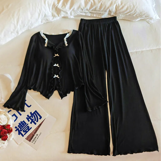 Pijama Feminina New Modal Chest Pad Set 2 Piece Woman Long Sleeve Pajama Sets Casual Korean Sleepwear Pyjamas Femme Home Wear